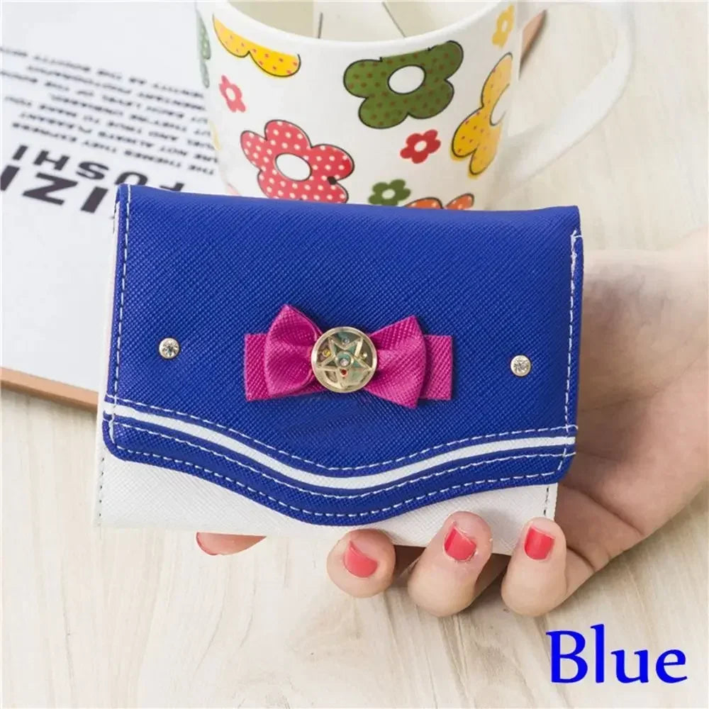 Cartera corta para mujer, bolso de mano con nudo de lazo de Color caramelo, cartera de moda para chica Sailor Moon, bolso de mano, monedero para tarjetas, nuevo Popular