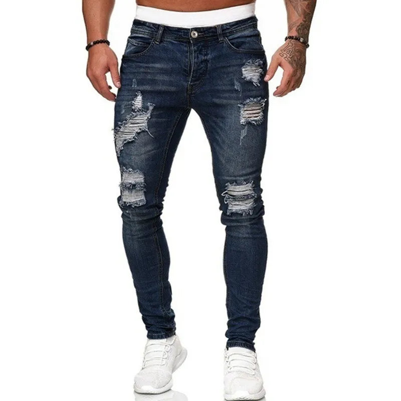 Pantalones vaqueros ajustados rasgados de estilo callejero a la moda para hombre, pantalones vaqueros lisos con lavado Vintage, pantalones vaqueros ajustados informales para hombre, gran oferta