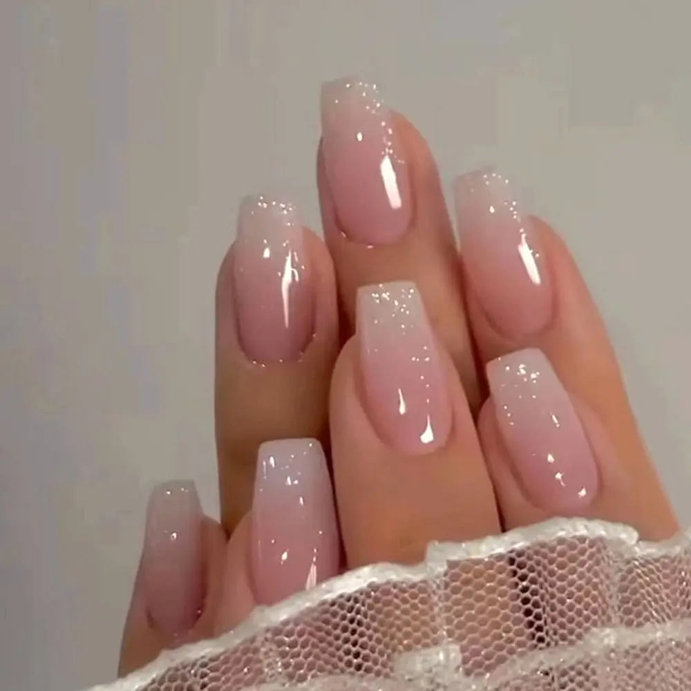 24 Uñas Postizas Degradadas Francesas Estilo Bailarina, Resistentes al Agua, Forma Ataúd Mediano, Uñas Falsas, Puntas de Uñas a Presión