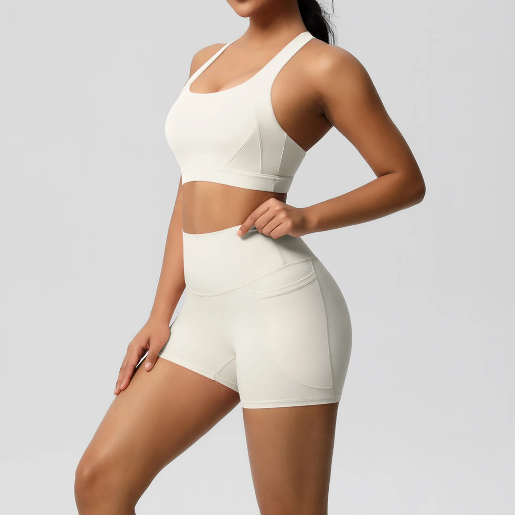 Ropa deportiva con bolsillo para mujer, conjunto de Yoga, ropa de gimnasio, trajes de Yoga para mujer, chándales, pantalones cortos deportivos, sujetador cruzado, mallas de gimnasio, 2 uds.