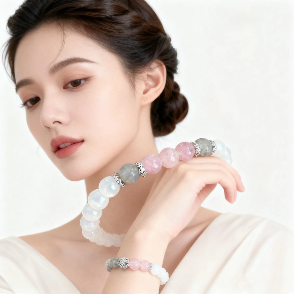 1 unidad/pulsera de jade blanco claro de luna, labradorita y cuarzo rosa calma, espiritual, nuevos principiantes, energía positiva, protección Stre