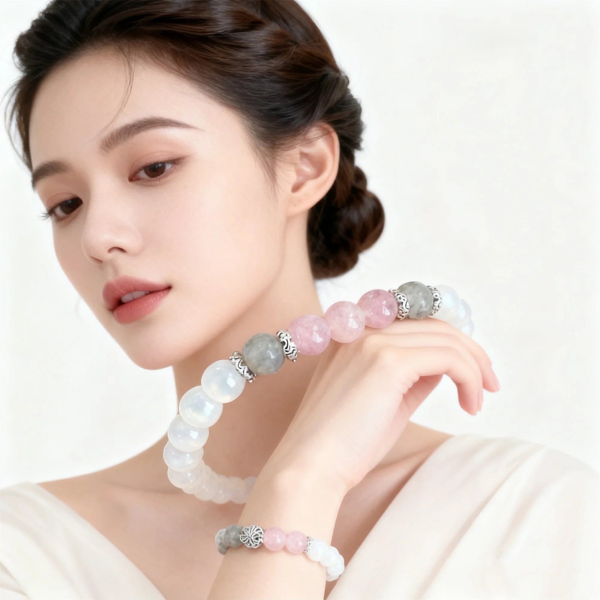 1 unidad/pulsera de jade blanco claro de luna, labradorita y cuarzo rosa calma, espiritual, nuevos principiantes, energía positiva, protección Stre