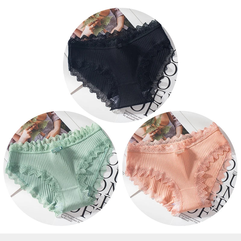 Bragas de algodón para mujer, bragas de encaje sexis, bragas de Color sólido para niñas, juego de ropa interior, ropa interior, Dropshipping 3 unids/lote