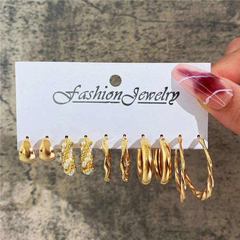 Conjunto de pendientes de aro bohemios de círculo grande para mujer, pendiente de perla Vintage bohemio de Color dorado, pendientes de circonita con forma de corazón, regalos de joyería