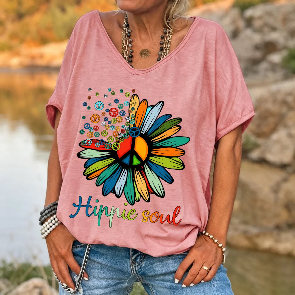 Camiseta Ilstile Hippie Soul Peace Daisy para mujer, estilo retro bohemio con estampado floral, cuello en V, manga corta, corte holgado, informal, para verano.