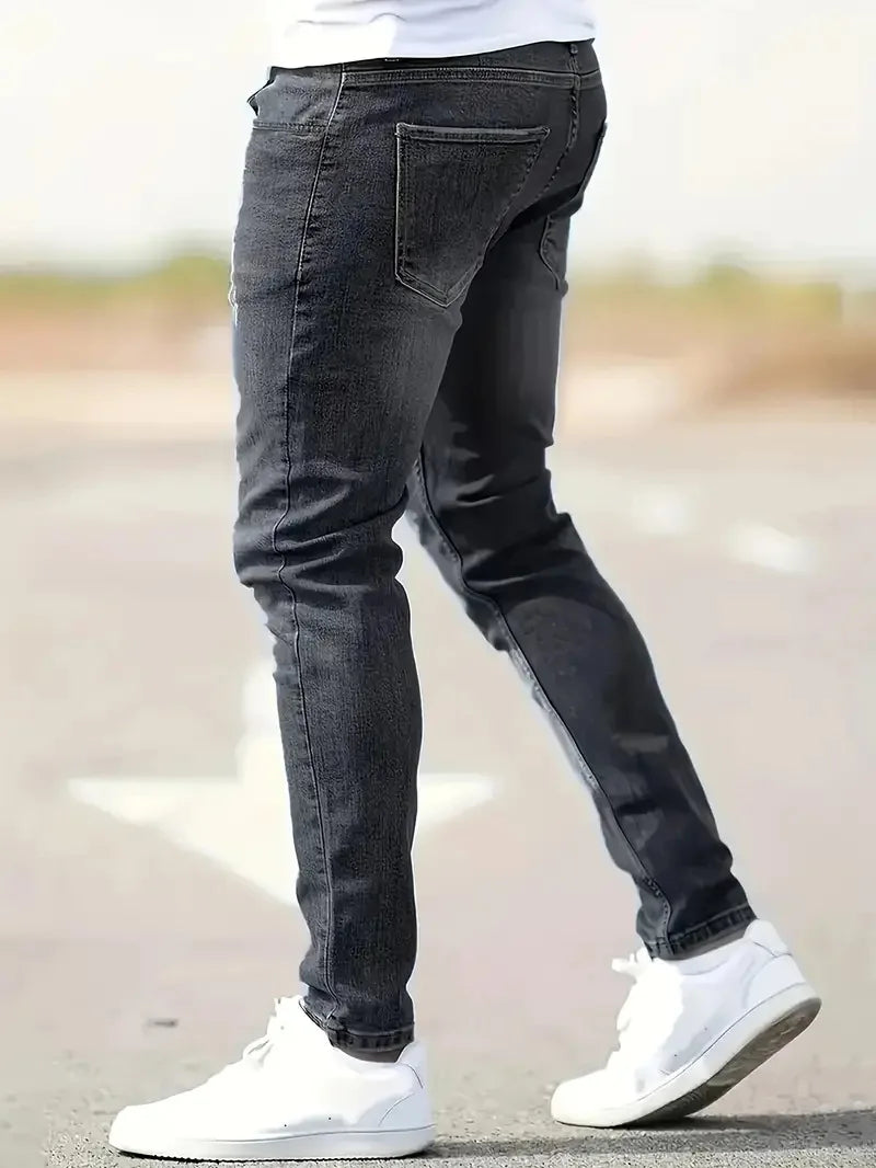 Nuevos pantalones vaqueros para hombre, pantalones elásticos ajustados, ropa de calle, pantalones vaqueros clásicos con bigotes de gato rasgados, pantalones vaqueros informales con cremallera ajustada, ropa vaquera negra bl