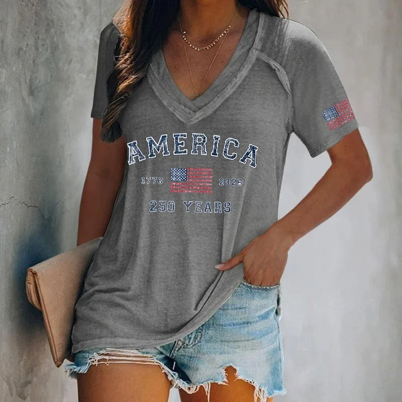 Camisetas con Estampado America 250 para Mujer, Camisetas Casuales Holgadas de Manga Corta con Cuello en V, Camisetas de Verano, Nueva Llegada 2026