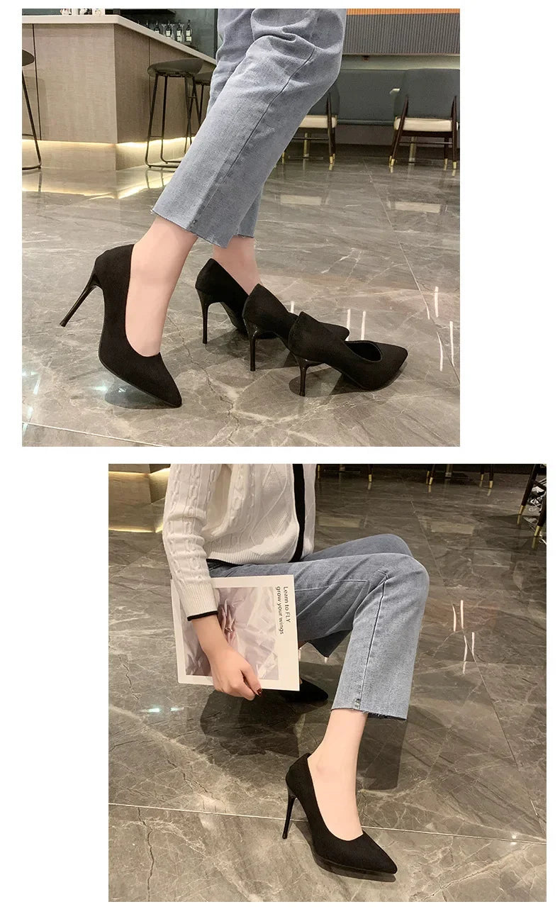 Primavera y otoño nuevos tacones altos negros Mujer boca poco profunda puntiaguda delgada con temperamento Sexy Zapatos individuales Zapatos De Mujer