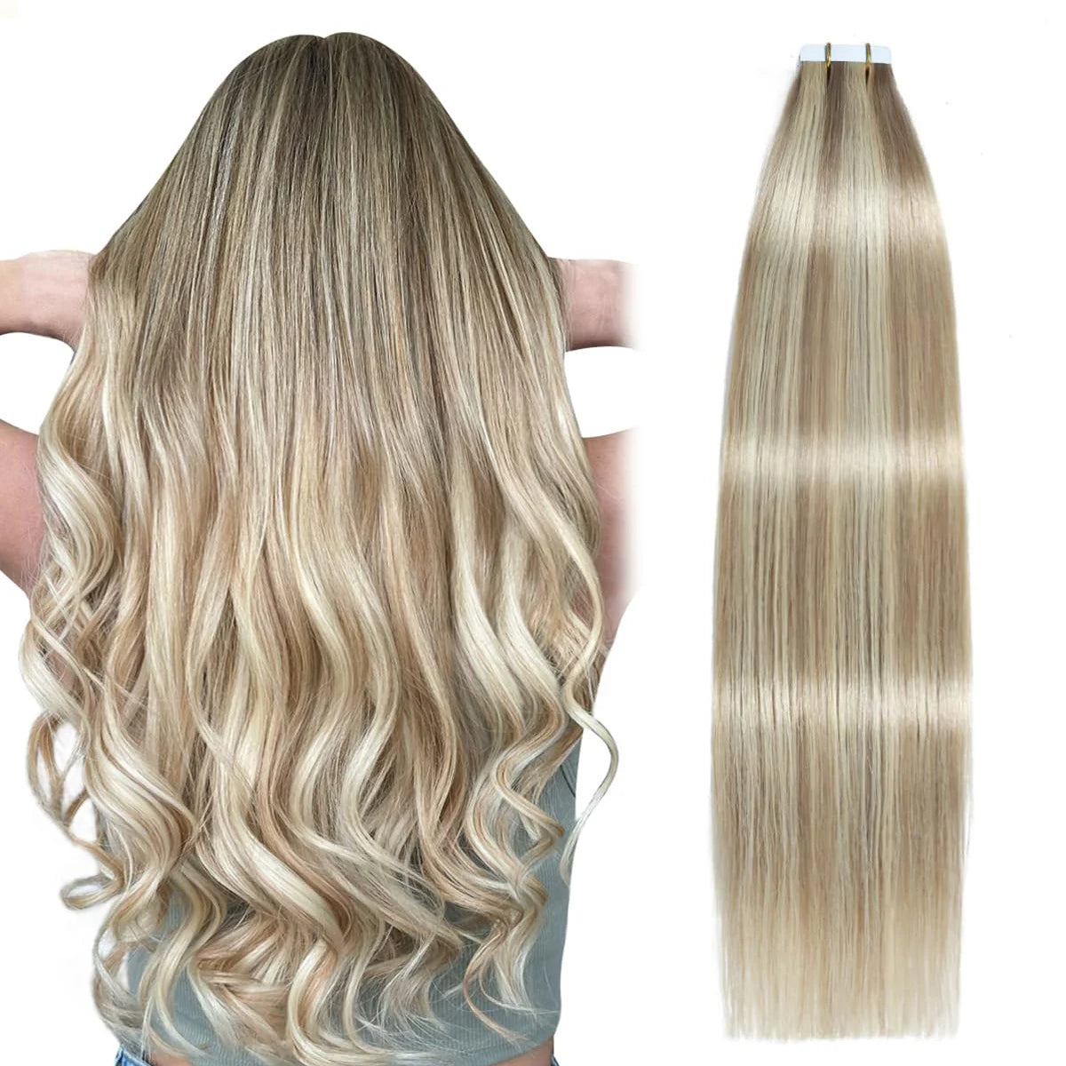Extensiones de cabello con cinta Invisible, extensiones de cabello Remy Real para mujeres, postizos rectos de color rubio ceniza mezclado rubio platino