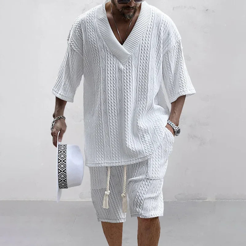 Conjunto de pantalones cortos informales para hombre, camiseta de manga corta con cuello en V y pantalones cortos, ropa de calle de punto, primavera y verano, 2024