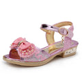 Sandalias de princesa de verano para niños, zapatos antideslizantes de tacón bajo con lentejuelas para niñas, sandalias de playa informales y versátiles con lazo a la moda