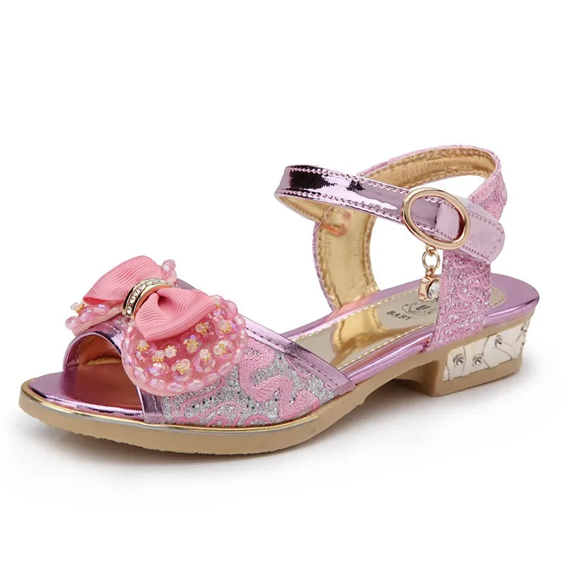 Sandalias de princesa de verano para niños, zapatos antideslizantes de tacón bajo con lentejuelas para niñas, sandalias de playa informales y versátiles con lazo a la moda