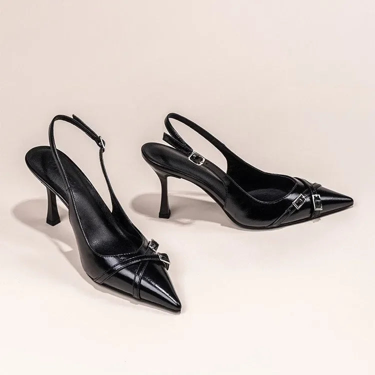 Nuevos zapatos de tacón alto con punta estrecha a la moda, zapatos de tacón alto con hebilla elegante decorada, zapatos de mujer negros de aguja NO: 602