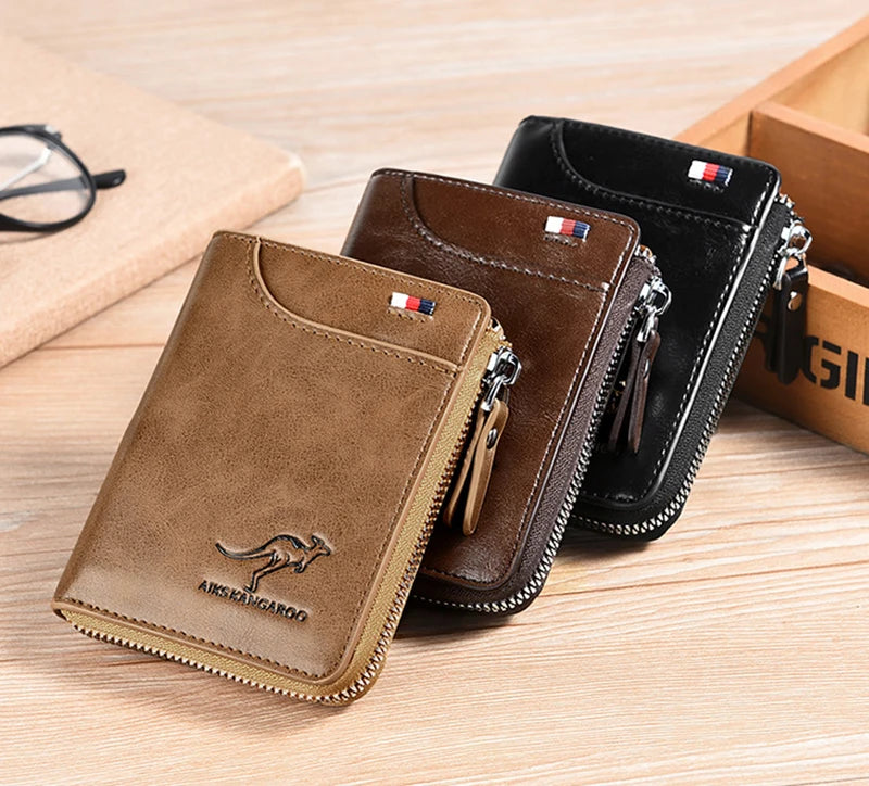 Cartera para hombre, tarjetero de cuero, monedero con cremallera, carteras de lujo para hombre, monederos con protección RFID, cartera Masculina de lujo