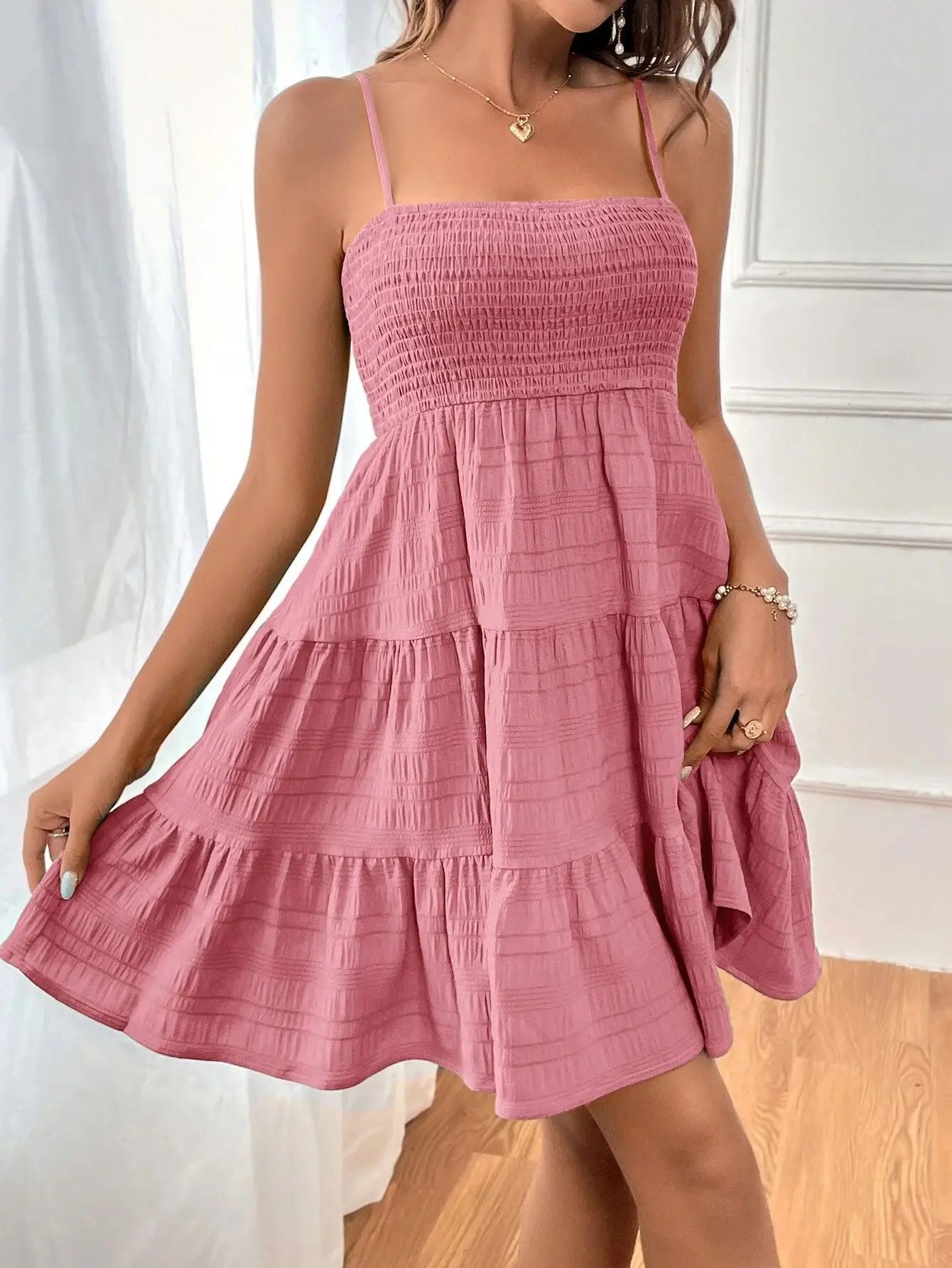 Minivestido con corpiño ahumado y tirantes finos para mujer, vestido azul con volantes escalonados, ropa informal de verano para vacaciones y playa