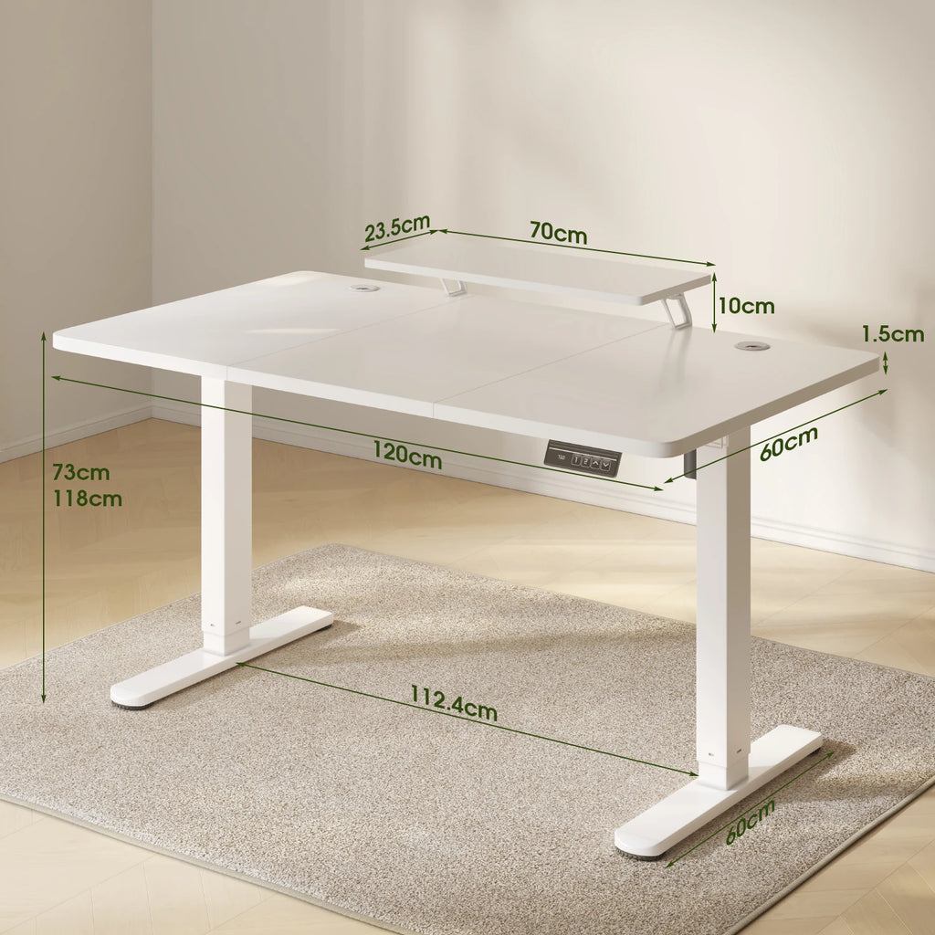 Devoko Escritorio eléctrico de altura ajustable 120 × 60 cm con soporte para monitor Asiento ergonómico Escritorio de pie (blanco)