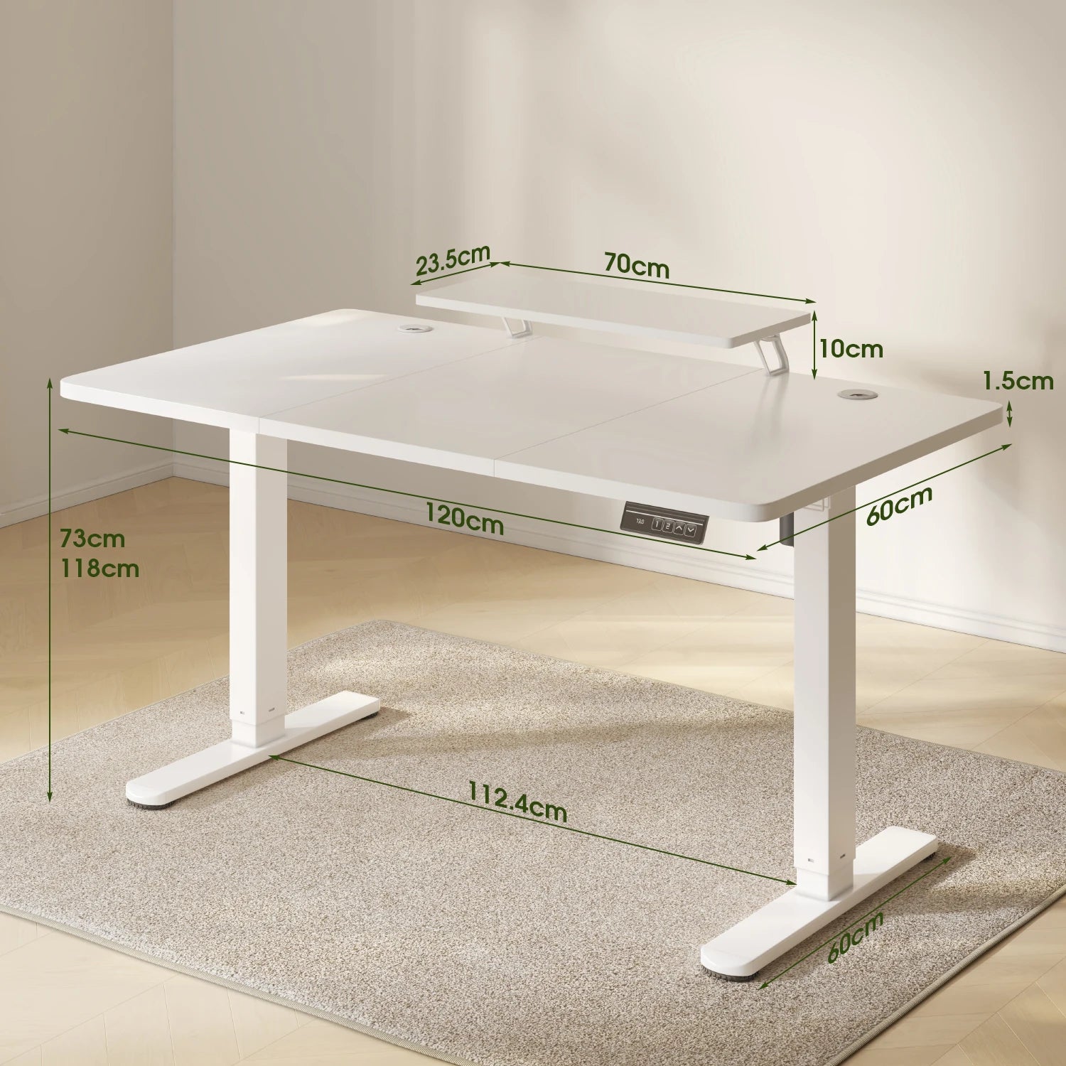 Devoko Escritorio eléctrico de altura ajustable 120 × 60 cm con soporte para monitor Asiento ergonómico Escritorio de pie (blanco)