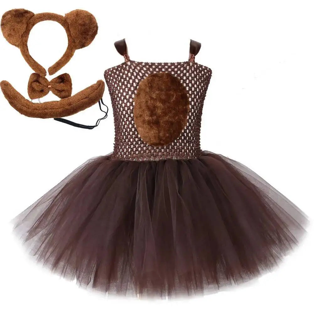 Vestido tutú de oso marrón para niñas, disfraz de Animal de Halloween, traje de Navidad y cumpleaños para niños, ropa para niños con orejas y cola de lazo