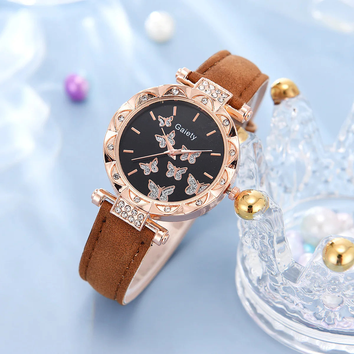 Conjunto de joyería de mariposa (sin caja), relojes para mujer, relojes de cuero para mujer, anillos, collar, pendientes, pulsera, regalo de boda