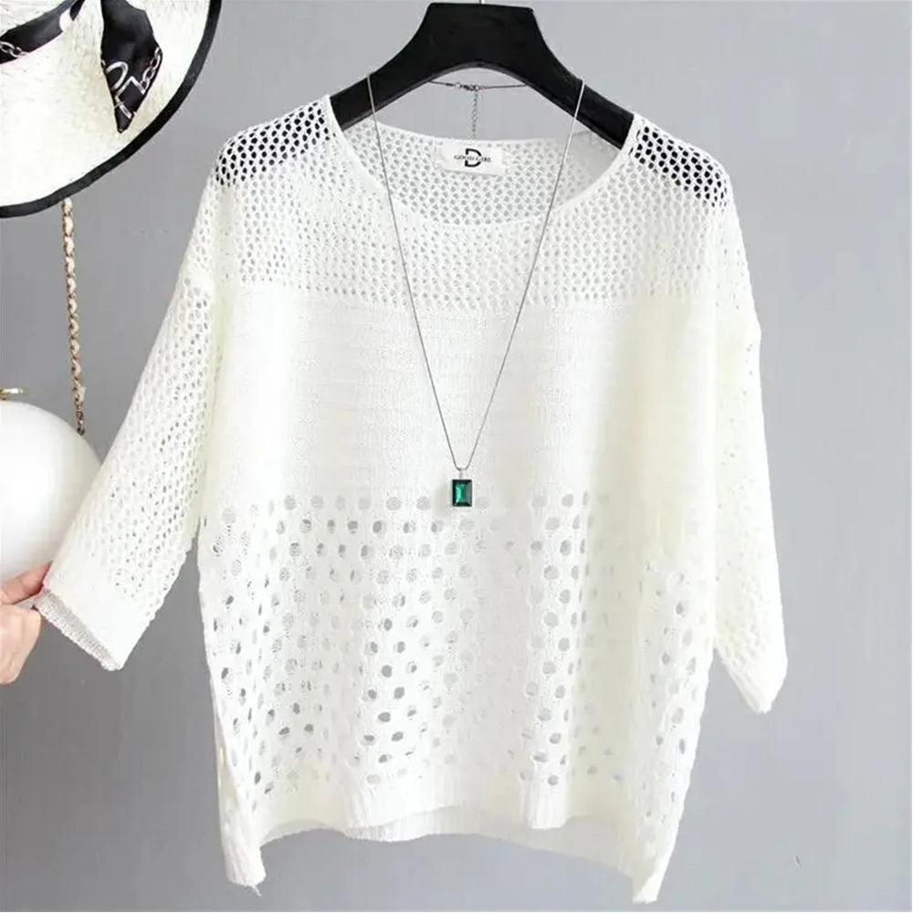 Primavera y novedad de verano, chaleco tejido de seda de hielo, Top calado, parte inferior fina, ropa de calle, camisa para mujer