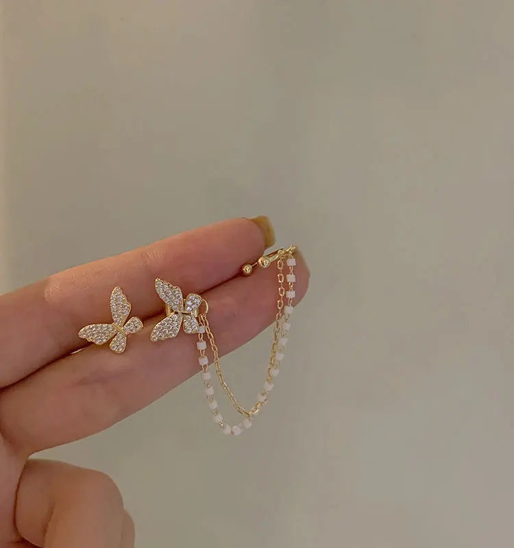 Pendientes de tuerca de mariposa con diamantes de imitación para mujer y niña, joyería de cadena de Metal, regalos
