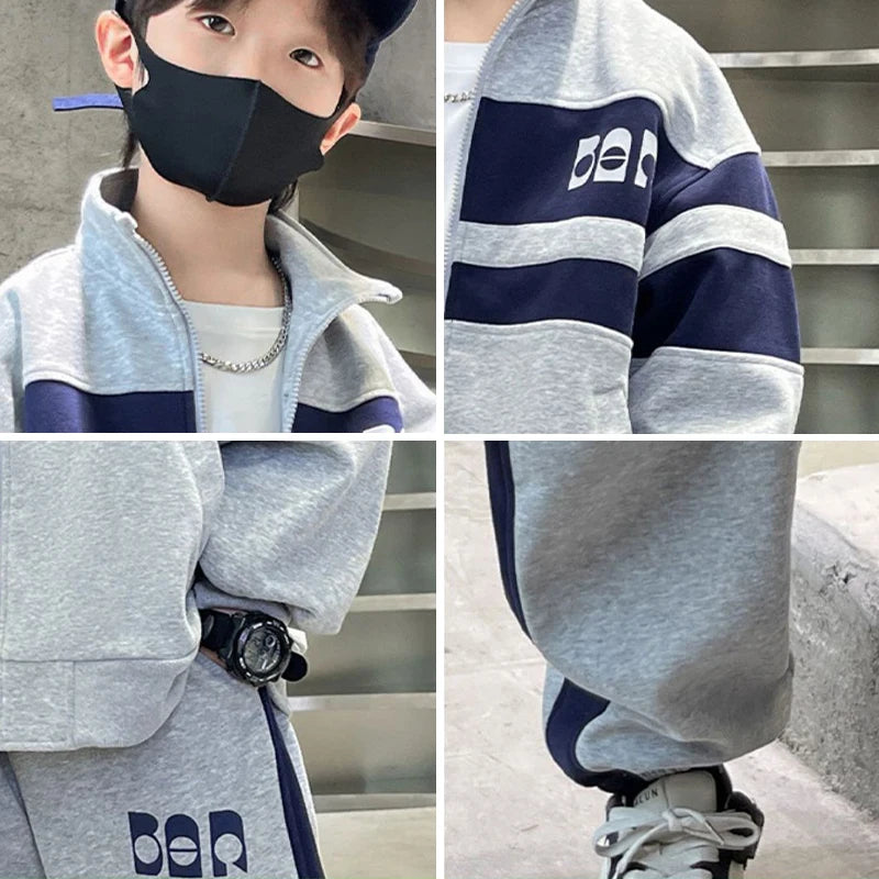 Conjunto de ropa de moda para niños, abrigo con cremallera de retales, pantalones, 2 uds. Para niños de 4 a 12 años, chándales, trajes informales para adolescentes, primavera y otoño