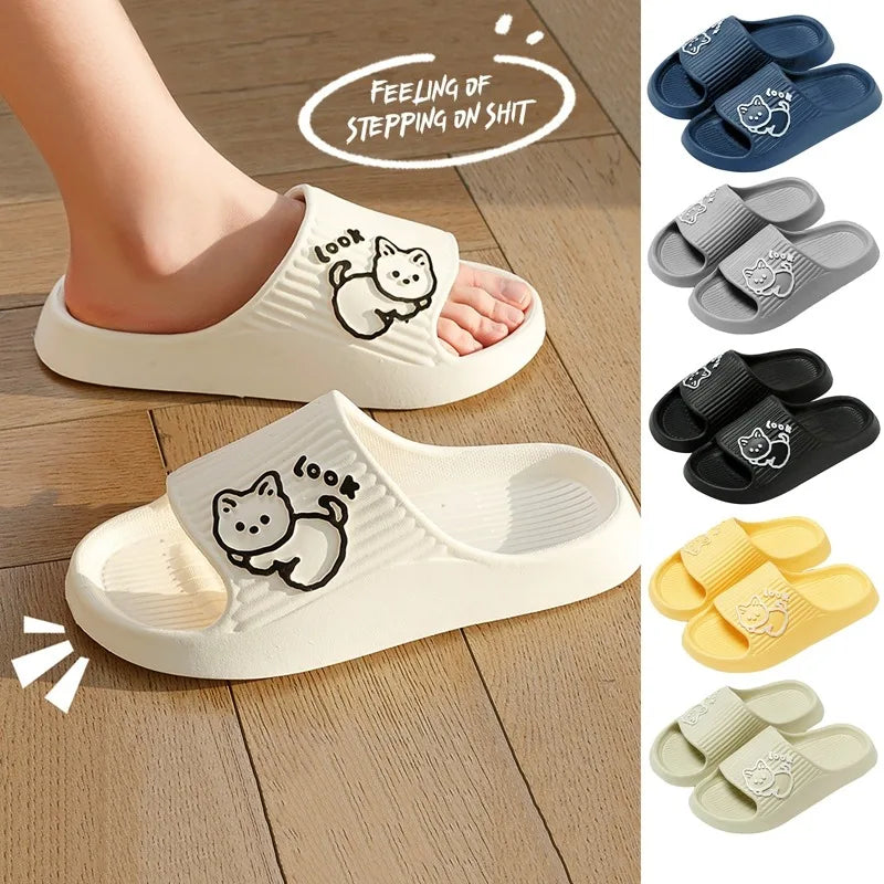 Zapatillas de baño con plataforma gruesa para mujer, chanclas antideslizantes de dibujos animados de gato, sandalias de playa de verano, zapatos de interior, 2023