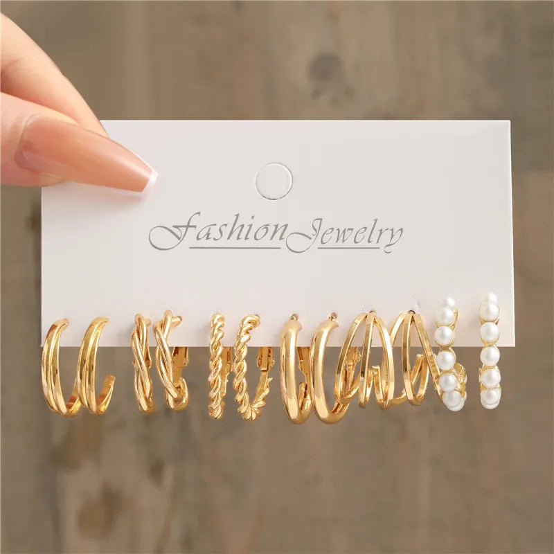 Conjunto de pendientes de aro bohemios de círculo grande para mujer, pendiente de perla Vintage bohemio de Color dorado, pendientes de circonita con forma de corazón, regalos de joyería