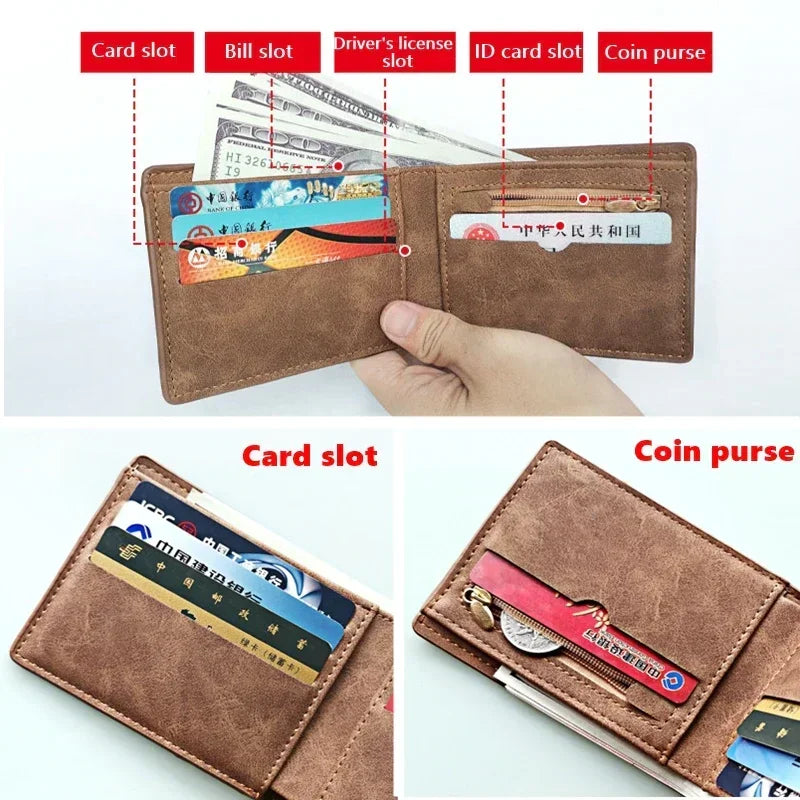 Cartera de cuero PU suave con cremallera para hombre, tarjetero corto minimalista, tarjetero de negocios