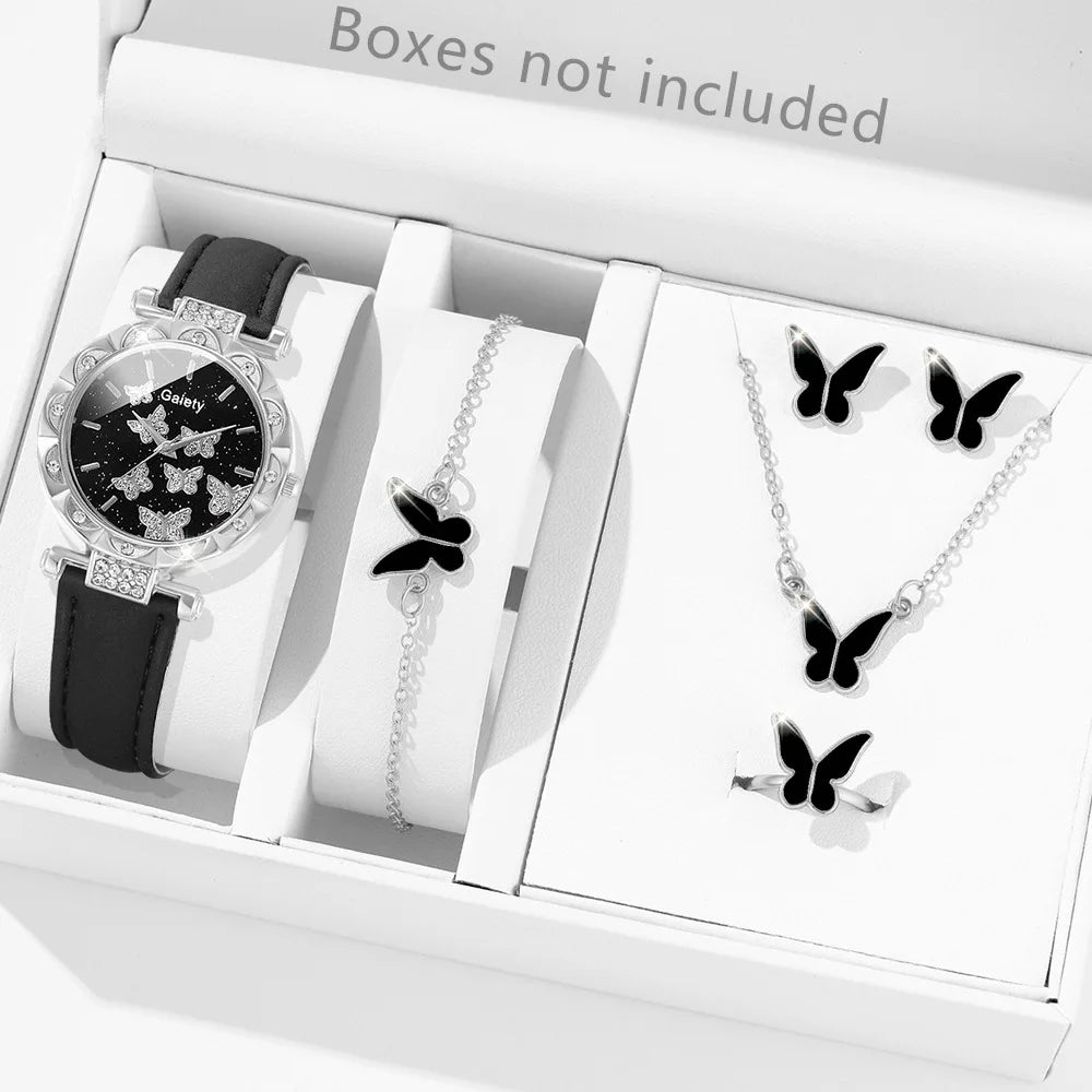 Conjunto de joyería de mariposa (sin caja), relojes para mujer, relojes de cuero para mujer, anillos, collar, pendientes, pulsera, regalo de boda