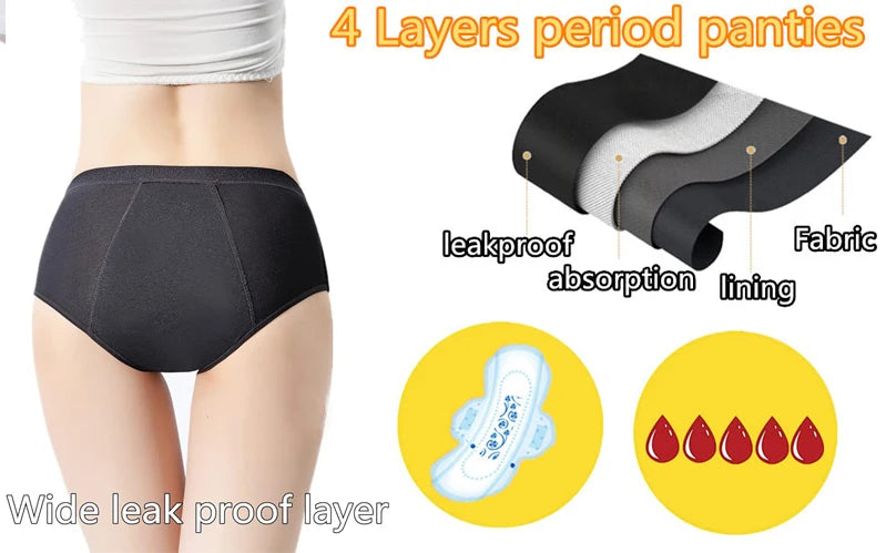 Bragas menstruales absorbentes de 4 capas a prueba de fugas para mujer, pantalones fisiológicos de flujo pesado, calzoncillos posparto de algodón de talla grande