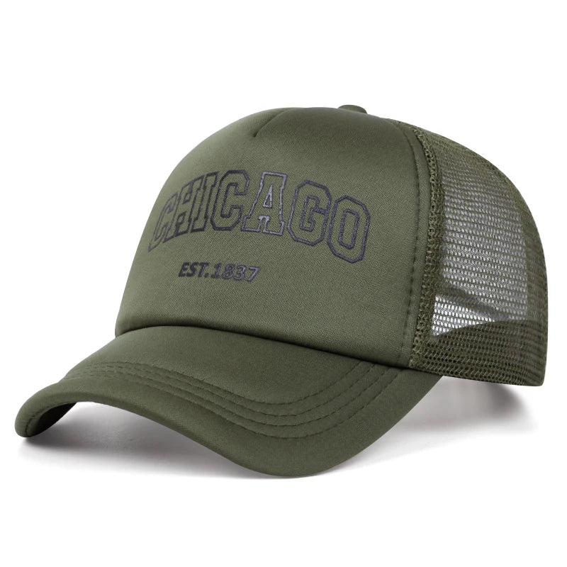 Gorra de béisbol de malla de verano para hombre, gorra Snapback con letras Chicago para deportes al aire libre para mujer, gorras transpirables Unisex, gorras de camionero de Hip Hop