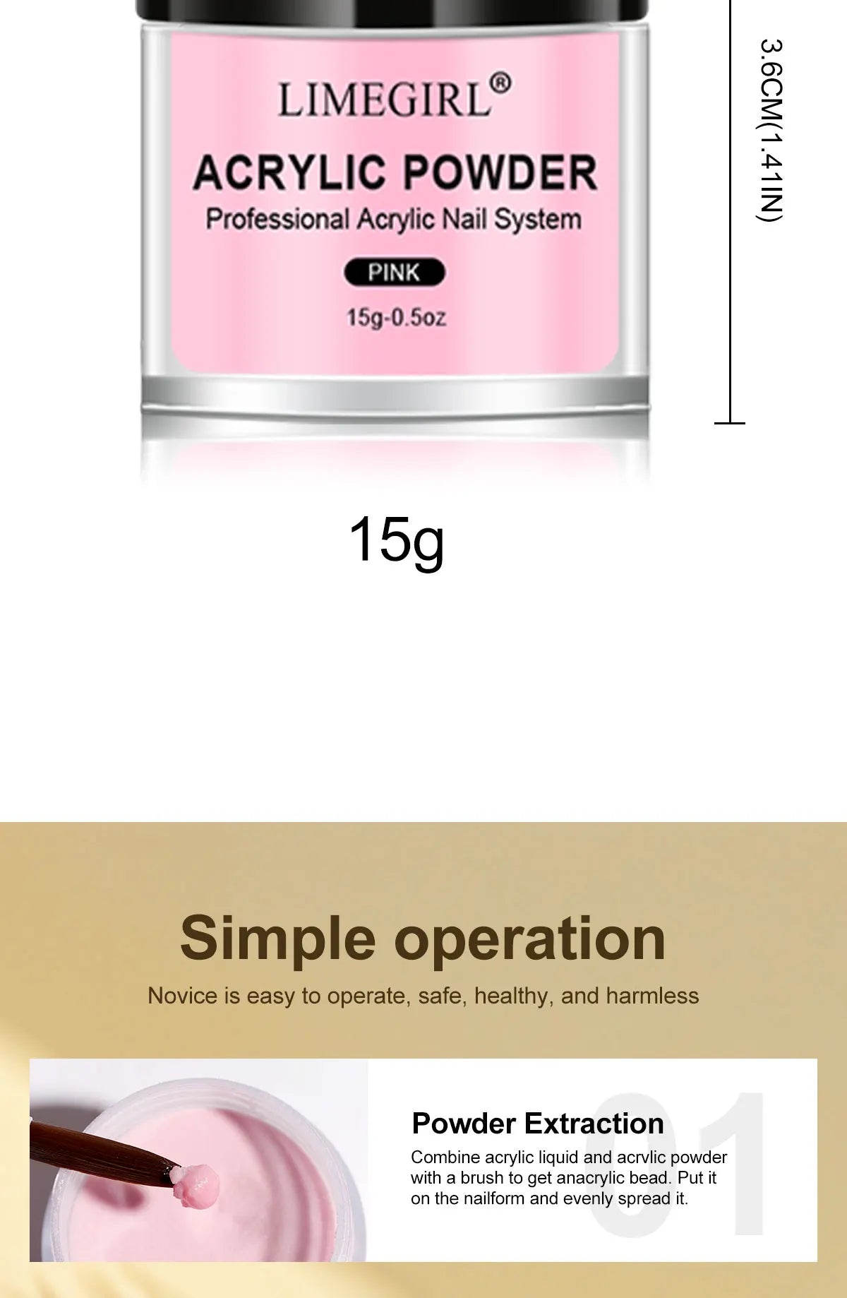 LIMEGIRL-polvo acrílico para uñas, 5 colores, profesional, rosa, claro, blanco, polímero desnudo para extensión de uñas, polvo fino de calidad para salón