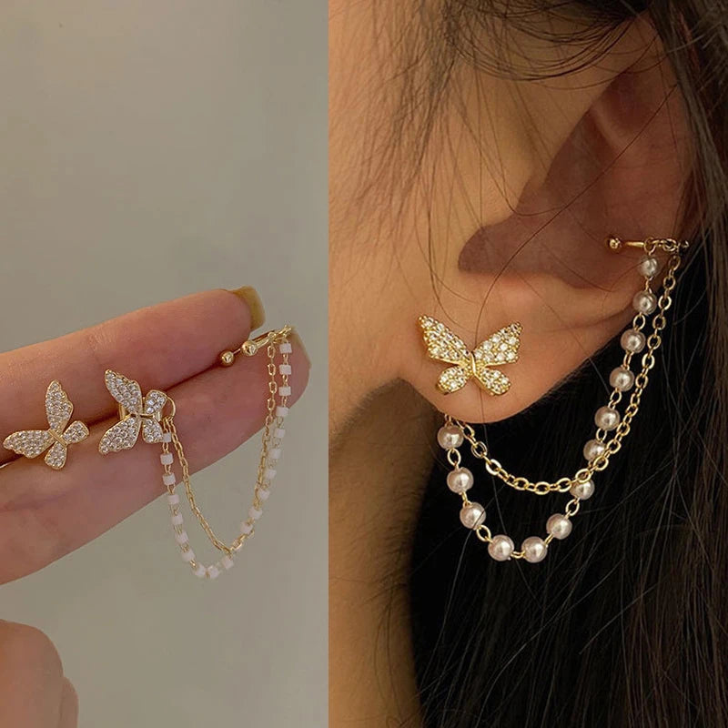 Pendientes de tuerca de mariposa con diamantes de imitación para mujer y niña, joyería de cadena de Metal, regalos