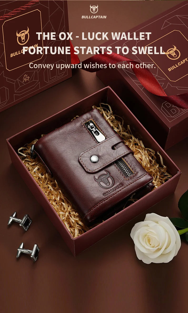 Cartera Bullcaptain de cuero genuino para hombre, monedero de viaje de calidad a la moda, protección Rfid, tarjetero Wollst para hombre con cadena