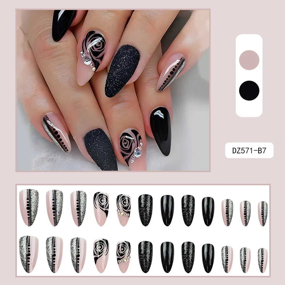 Uñas postizas negras con diseño de murciélago para Halloween, puntas de uñas decoradas con forma de almendra, con remaches y lazos, 24 unidades, uñas acrílicas reutilizables.