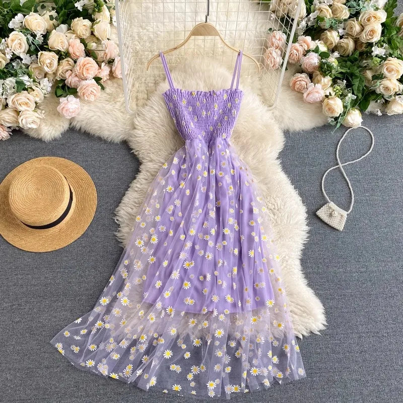 Vestido de mujer 2026 nueva moda de verano vestido de fiesta de malla de hadas Pop coreano estampado Floral vacaciones playa vestido ropa de calle vestido veraniego