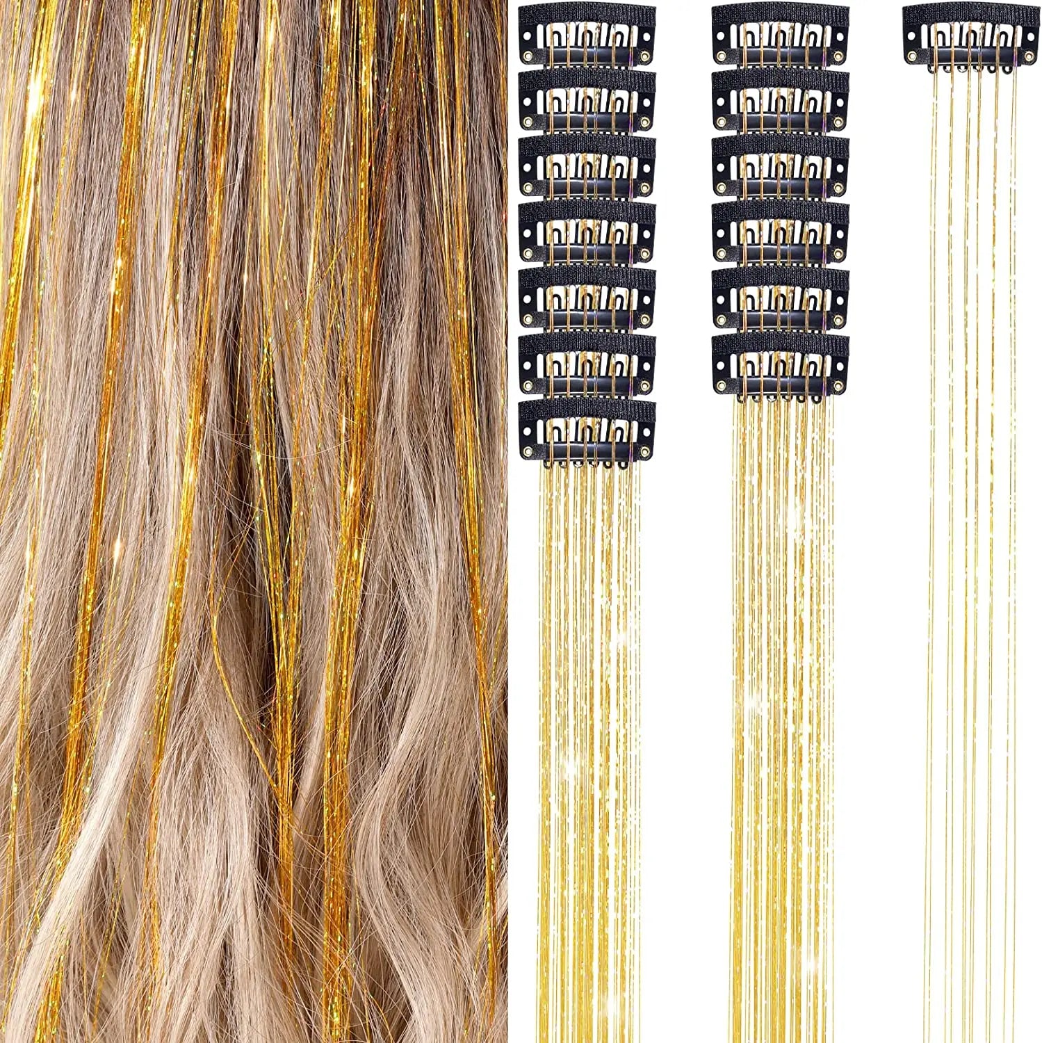 6 uds 50cm chispeantes pelo brillante oropel extensiones de cabello oropel extensiones de Clip de pelo sintético mujeres para tocado trenzado