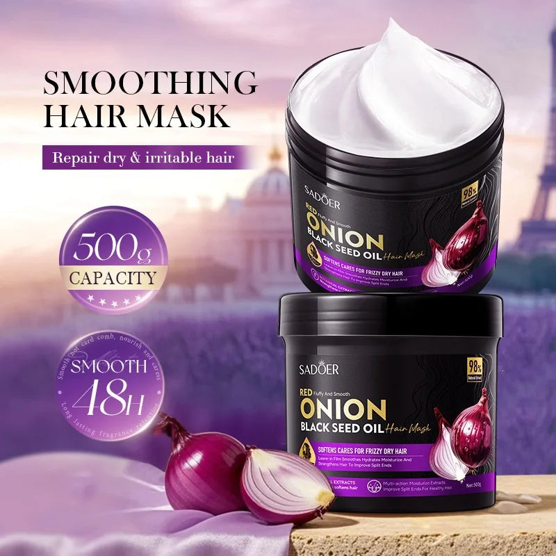 SADOER Champús de Cebolla y Mascarilla Capilar con Aceite de Semillas Negras 500g Set de Aceite Capilar Suavizante Reparador para Cabello Seco y Dañado Nutrición Profunda Cuidado del Brillo