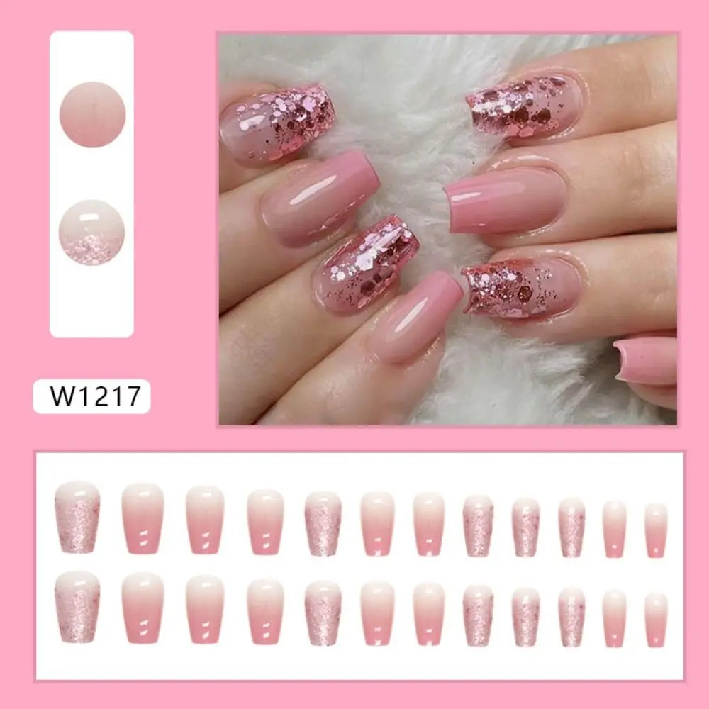 24 Uñas Postizas Degradadas Francesas Estilo Bailarina, Resistentes al Agua, Forma Ataúd Mediano, Uñas Falsas, Puntas de Uñas a Presión
