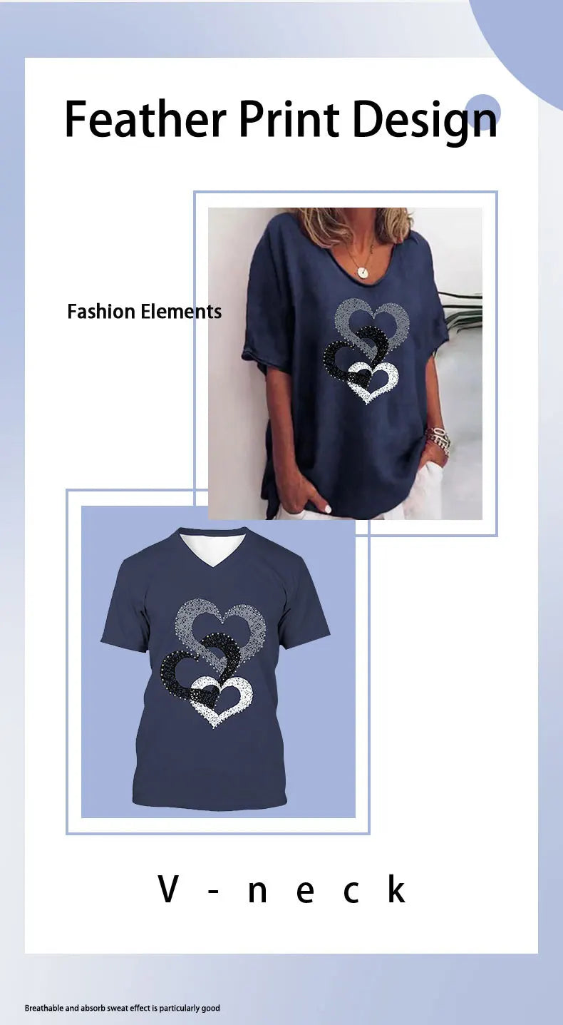 Camiseta con cuello en V para mujer, camiseta de manga corta con estampado 3D, camiseta informal holgada en blanco y negro, ropa de calle a la moda, jersey para mujer