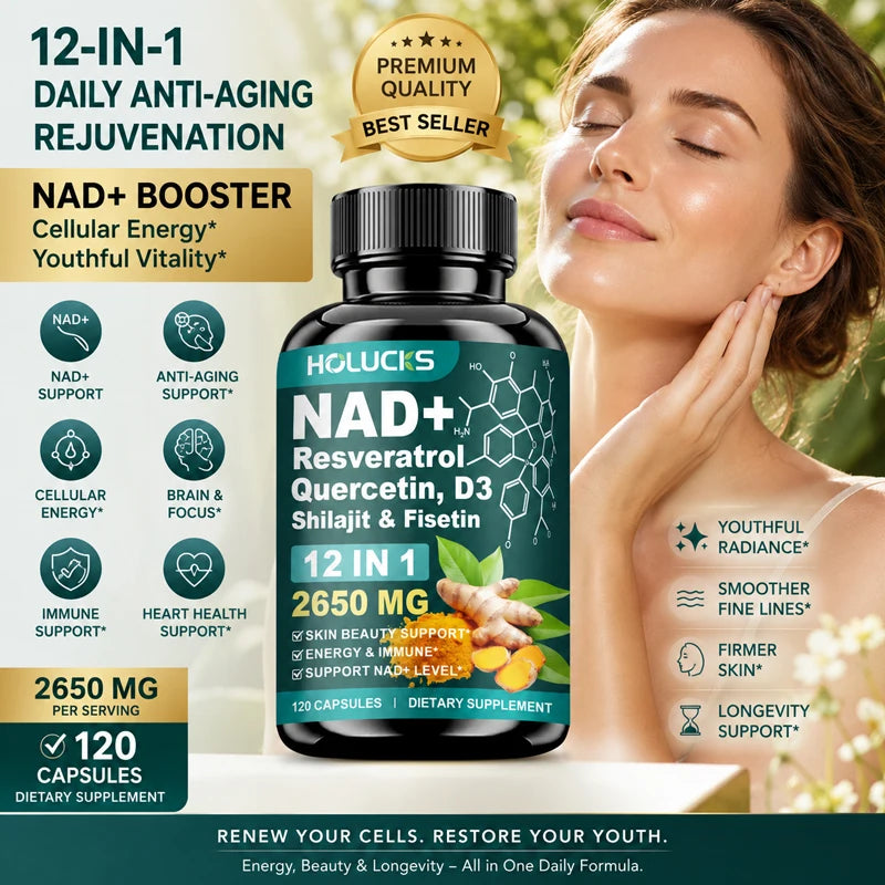 Cápsulas de NAD+ con Resveratrol, Suplemento 12 en 1, Mejora la Vitalidad Celular, Apoya la Energía y la Concentración, la Salud Inmunológica y de la Piel