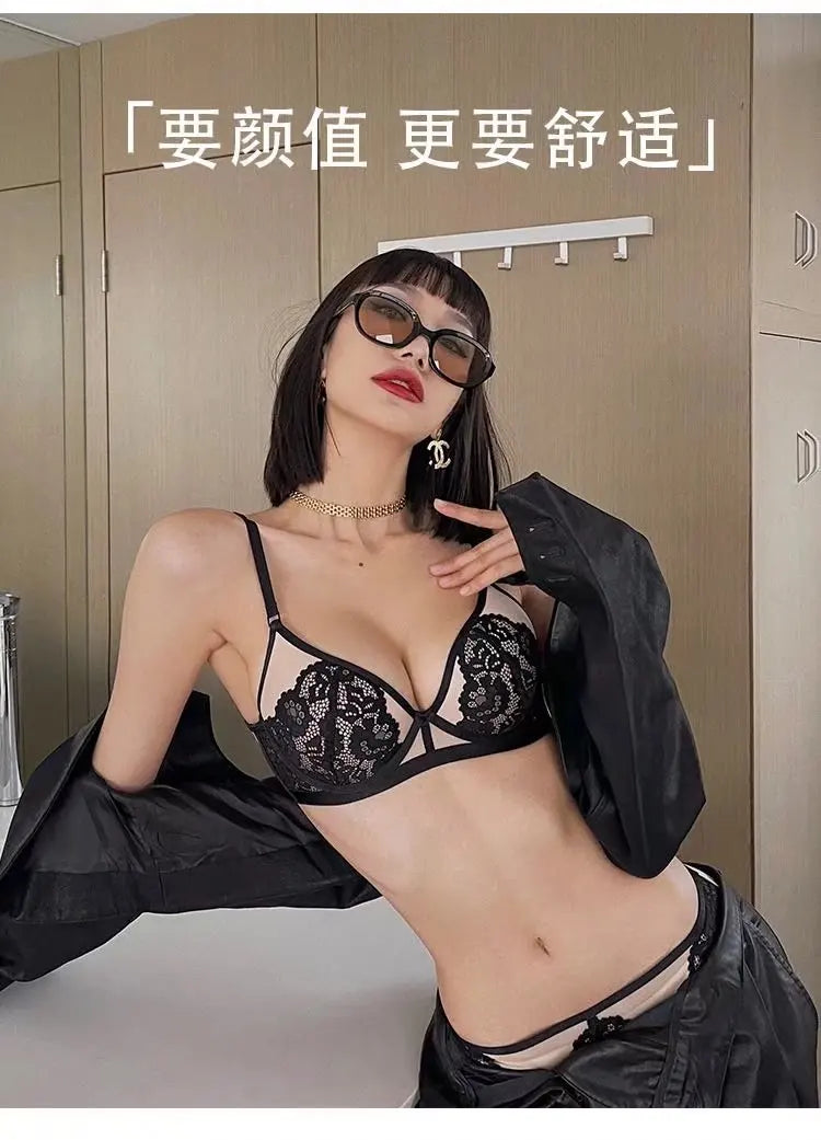 Conjunto de sujetador y bragas con forro fino de retazos de encaje sin espalda en U, ropa interior con realce, lencería hermosa para mujer, bragas de malla