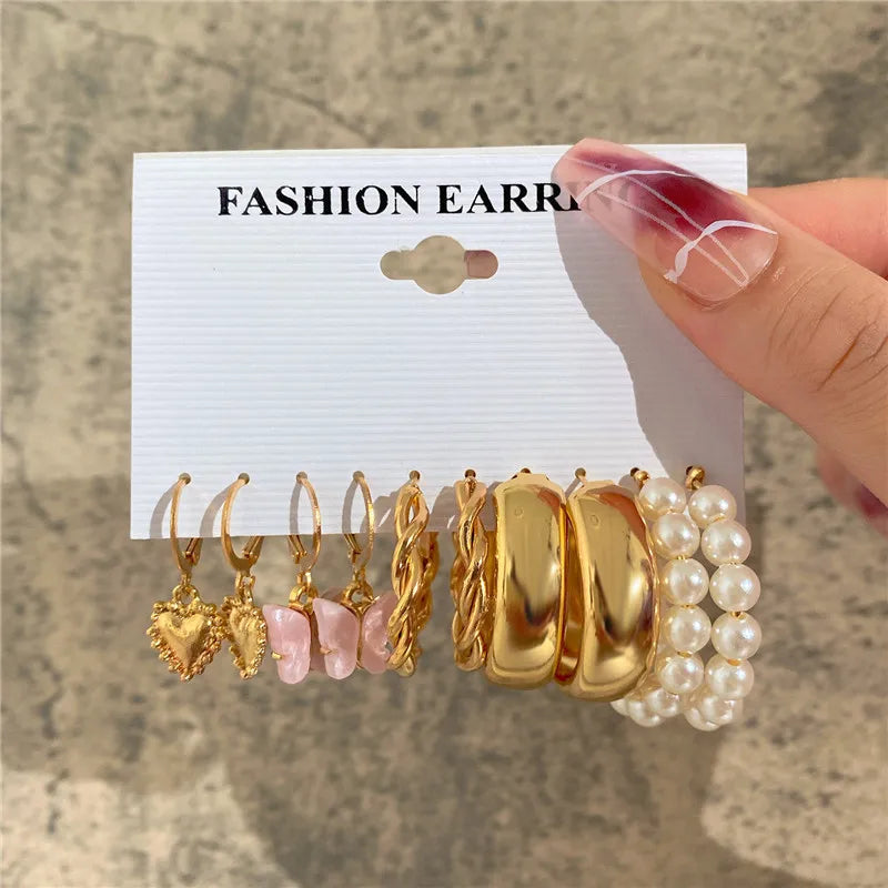 Conjunto de pendientes de aro bohemios de círculo grande para mujer, pendiente de perla Vintage bohemio de Color dorado, pendientes de circonita con forma de corazón, regalos de joyería