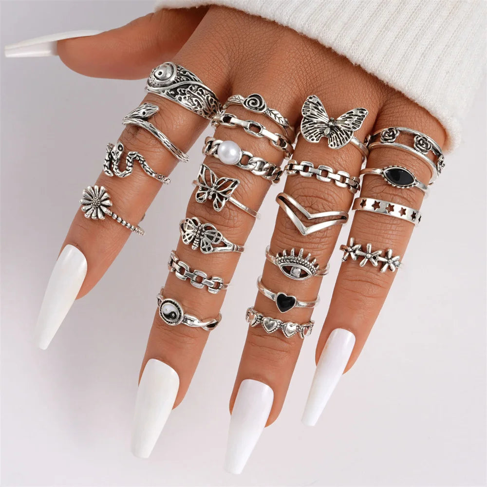 21 unids/set Punk gótico mariposa serpiente corazón anillos conjunto para Mujeres Hombres Vintage plateado geométrico anillos de dedo joyería de fiesta