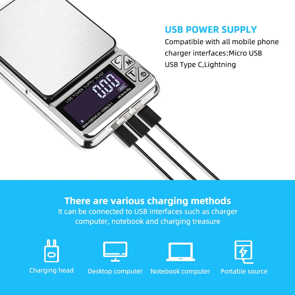 Báscula Digital para joyería, alta precisión, 200g/1000g x 0,01g, precisión, conteo inteligente, balanza de alimentos con gemas, báscula de bolsillo para cocina, carga USB