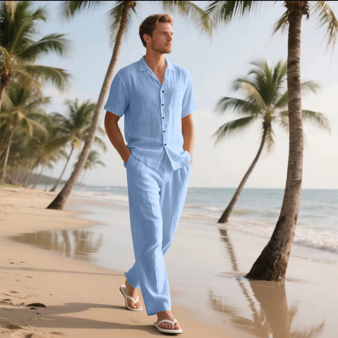 Conjuntos informales de dos piezas de lino y algodón para hombre, camisas y pantalones básicos Vintage de playa, traje informal de Color sólido, conjunto de chándales hawaianos para hombre