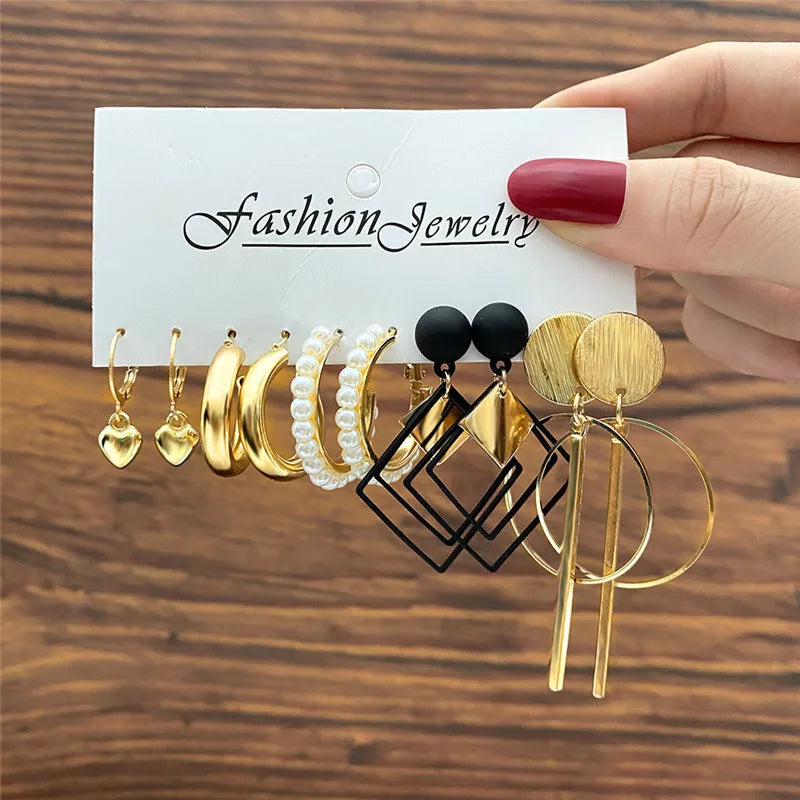 Conjunto de pendientes de aro bohemios de círculo grande para mujer, pendiente de perla Vintage bohemio de Color dorado, pendientes de circonita con forma de corazón, regalos de joyería