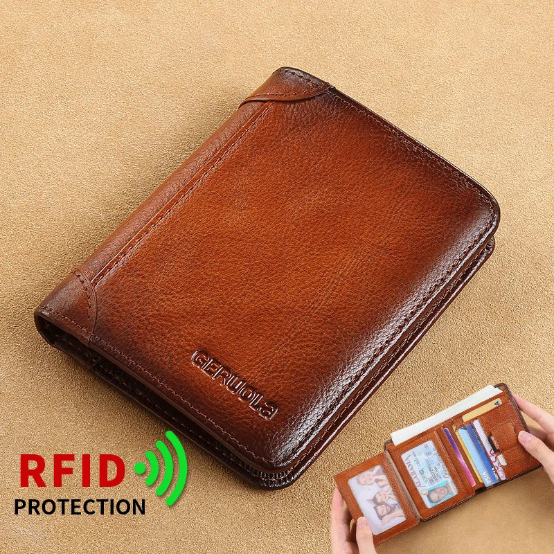 GERUOLA Cartera delgada de cuero genuino con protección RFID para hombre, tarjetero multifuncional para identificación y tarjeta de crédito, color marrón oscuro con adornos