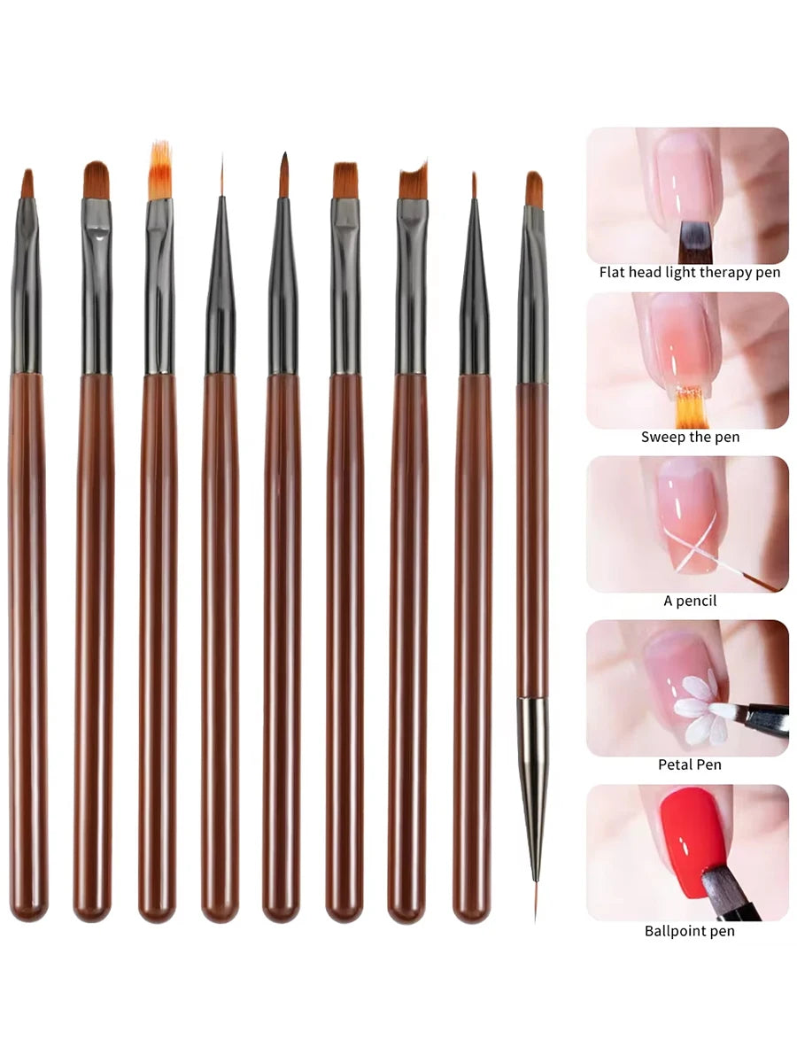 9 Bolígrafo de gel UV, pincel para uñas DIY, pincel para pintar acrílico, delineador de ojos para diseño de uñas, herramientas de pintura para exhibición de puntas de uñas.